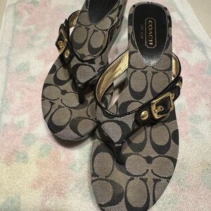 Coach Signature Canvas Thong Sandals in Brown and Black with Gold Buckle